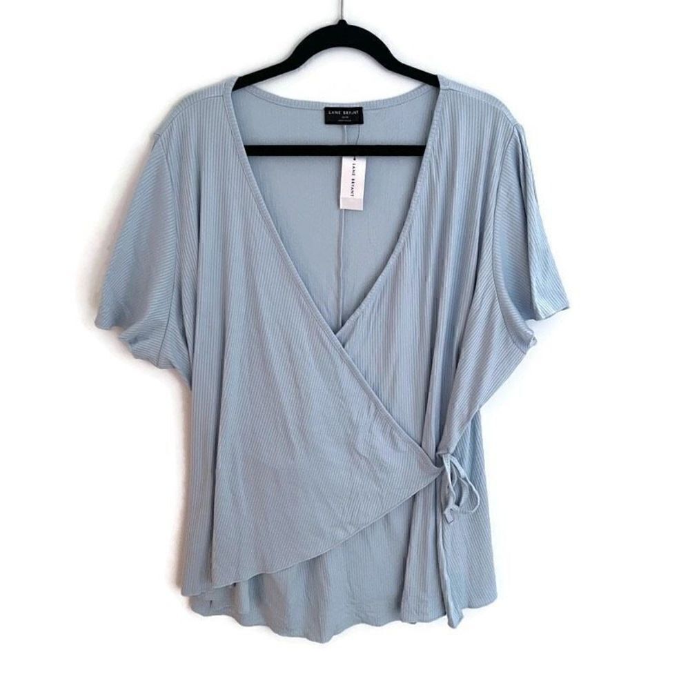 Lane Bryant Short Sleeve Wrap Top Blouse Drapy V Neck Pastel Blue 26 / 28